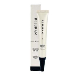 White squeeze tube labeled 'REJURAN Healing Eye Gel' standing beside its matching white box with black cap, product name visible on both.