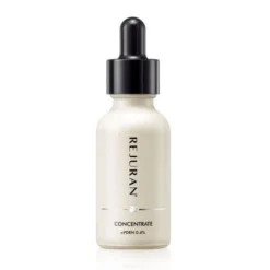 White dropper bottle of Rejuran Concentrate cosmetic serum with black cap (front view)