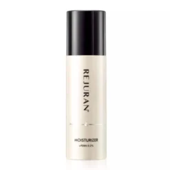 Tall beige bottle of moisturizer with a black cap, labeled REJURAN and MOISTURIZER.