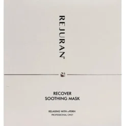 Front of a beige REJURAN Recover Soothing Mask box with vertical REJURAN logo and centered product name.