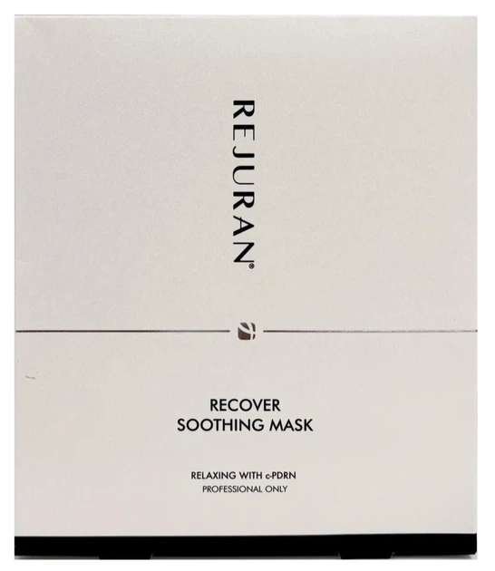 Front of a beige REJURAN Recover Soothing Mask box with vertical REJURAN logo and centered product name.