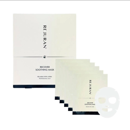 Boxed Recover Soothing Mask set with several pale packets fanned out; text reads 'RECOVER SOOTHING MASK'.