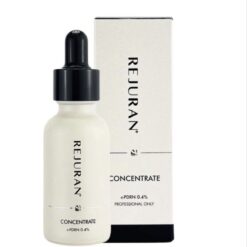 Rejuran concentrate bottle with dropper next to its white box, showing 'REJURAN' branding and 'CONCENTRATE' text.