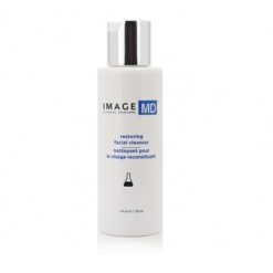 White bottle of IMAGE MD Restoring Facial Cleanser with a silver cap and blue logo (4 fl oz / 118 ml).