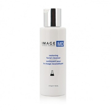 White bottle of IMAGE MD Restoring Facial Cleanser with a silver cap and blue logo (4 fl oz / 118 ml).