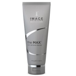 Gray tube of IMAGE Skincare 'the MAX stem cell facial cleanser' with silver curved graphics and a flip-top cap.