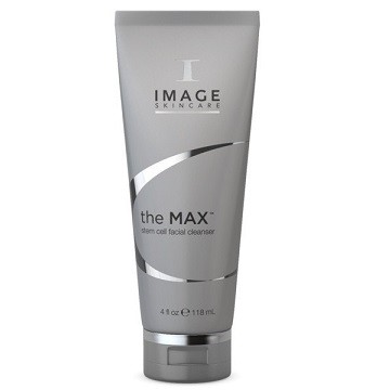 Gray tube of IMAGE Skincare 'the MAX stem cell facial cleanser' with silver curved graphics and a flip-top cap.
