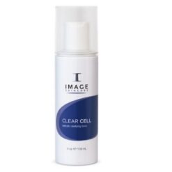 White bottle of IMAGE Skincare Clear Cell toner with a blue oval label and pump dispenser on top.