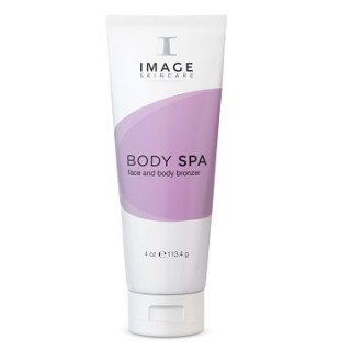 Tube of IMAGE Skincare Body Spa bronzer for face and body, white container with a pink-purple label