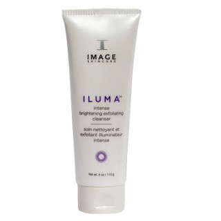 Tube of IMAGE Intense ILUMA brightening exfoliating cleanser, white tube with purple branding and black text.
