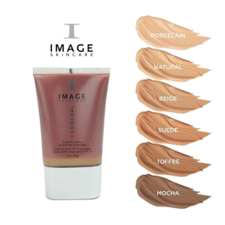 Tube of Image Skincare concealer with six shade swatches on the right labeled Porcelain, Natural, Beige, Suede, Toffee, Mocha.