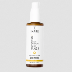 Bottle of IMAGE Skincare Prevention+ Sun Serum SPF 30 with a white pump and label noting Broad Spectrum sunscreen.