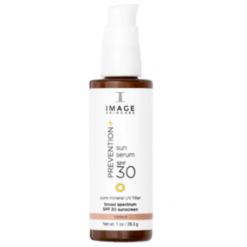 Bottle of Image Skincare Prevention+ Sun Serum SPF 30 broad-spectrum mineral sunscreen with pump