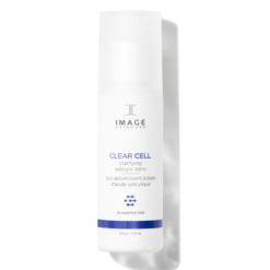 White bottle of Image Skincare Clear Cell clarifying salicylic tonic with blue label, 4 fl oz (118 ml)