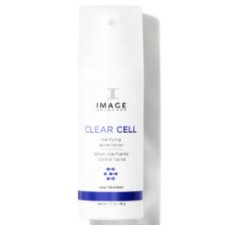 Image Skincare Clear Cell acne clarifying lotion bottle with pump, white and blue label on a white background.