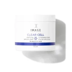 White jar of Image Skincare Clear Cell with a blue band, labeled 2% salicylic acid for blemish control.