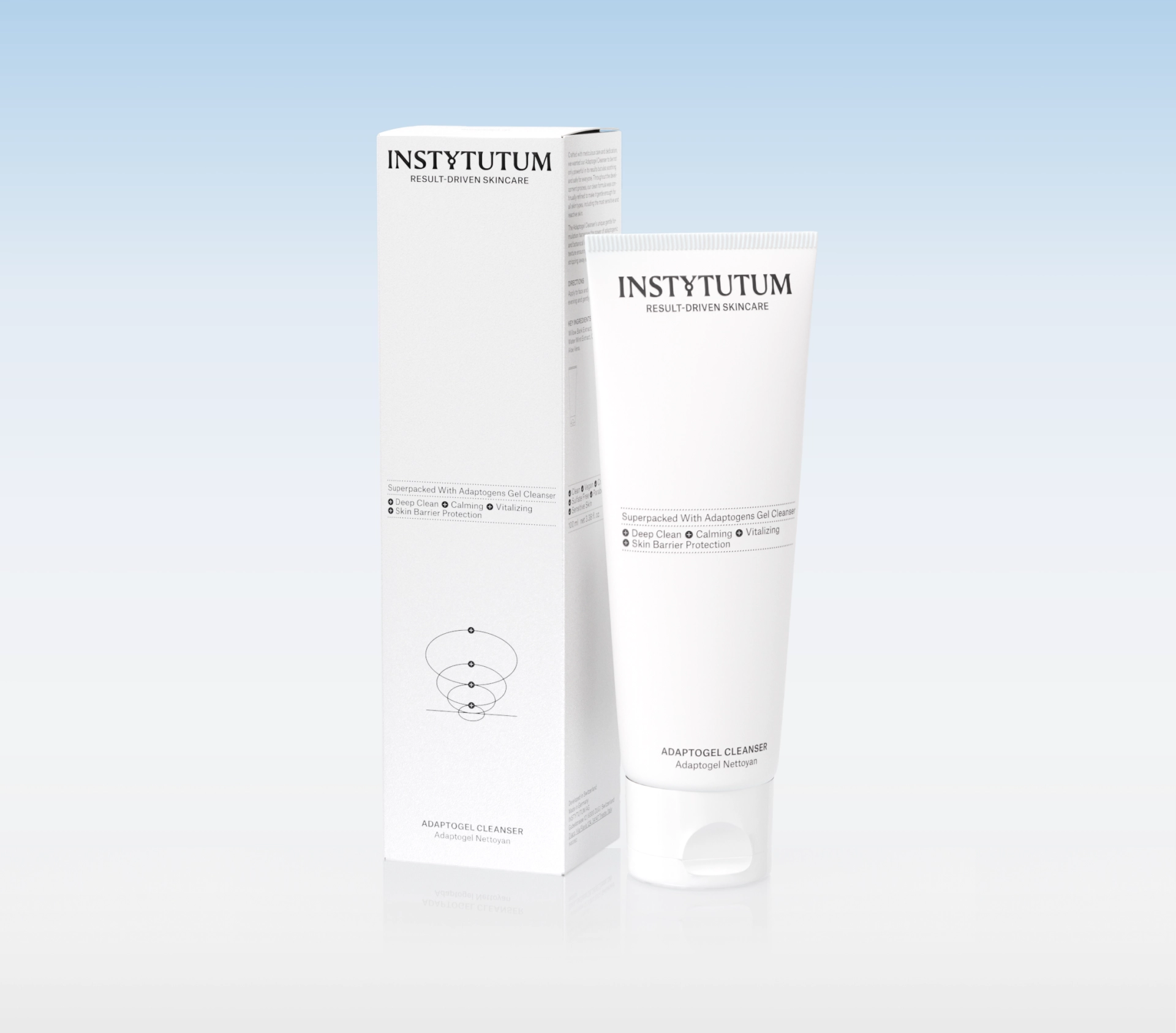 White skincare box and tube labeled INSTITV TUTUM (Instytutum) with 'Result-Driven Skincare' on a gradient blue-to-white backdrop, product display.