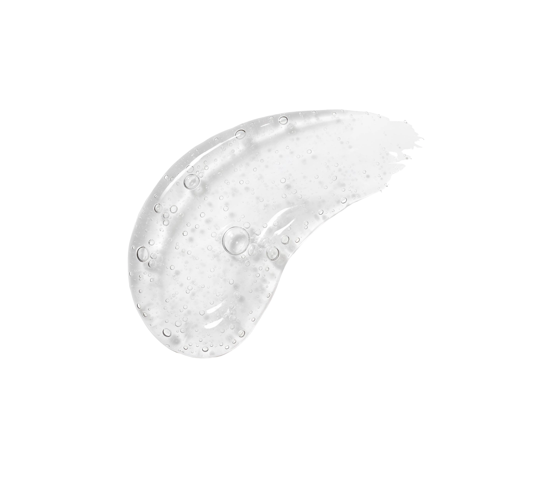 Close-up of a clear, gel-like substance with scattered bubbles on a white background, curved edge visible (gel/swirl).