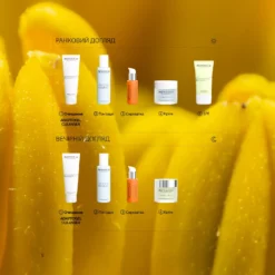 Infographic of a morning skincare routine with five products (cleanser, toner, serum, cream, SPF) arranged in a row on a yellow background
