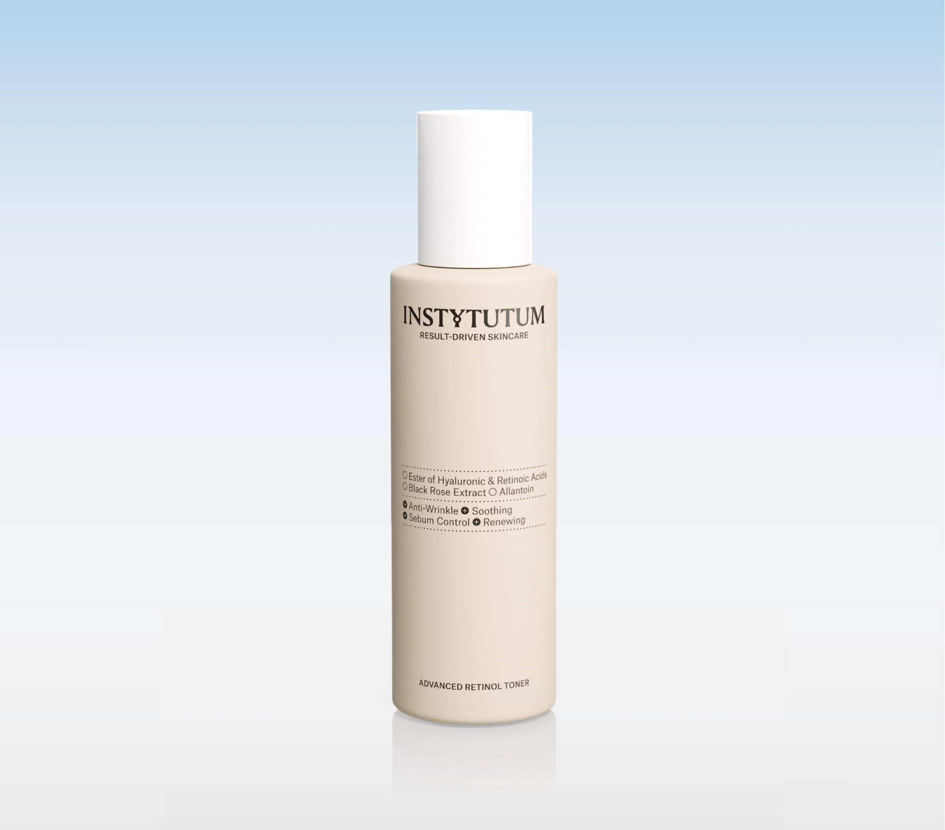 Beige skincare bottle with a white cap centered on a pale blue gradient backdrop; label reads 'Advanced Retinol Toner' ( toner ).