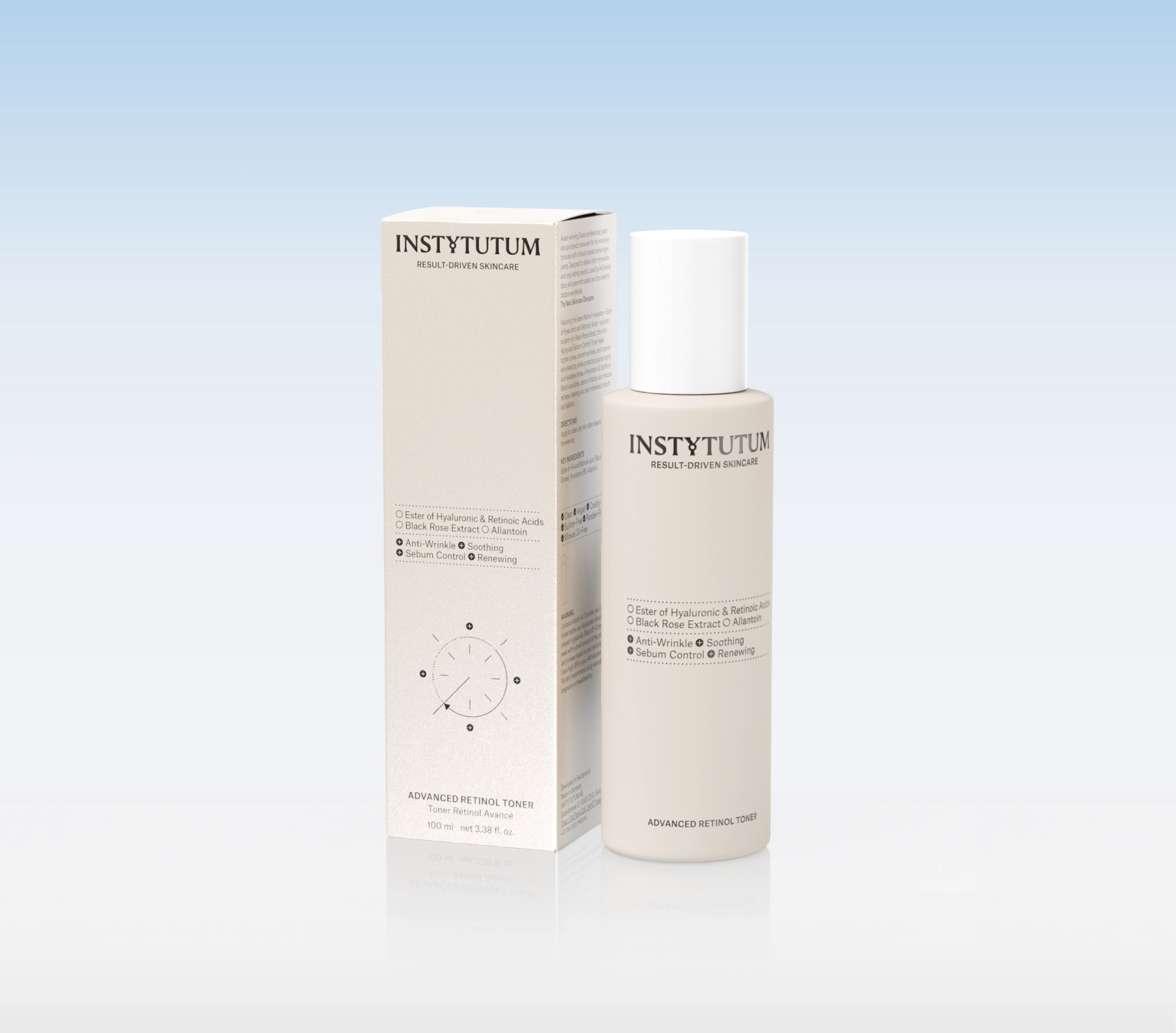 Box and bottle of INSTYTUTUM Advanced Retinol Toner on a reflective surface with a soft blue gradient background.