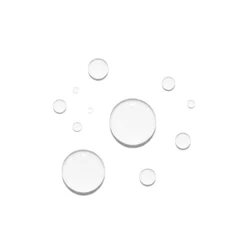 Clear translucent bubbles of various sizes floating on a white background.