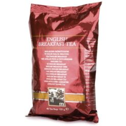 Bag of English Breakfast Tea with 'ENGLISH BREAKFAST TEA' label on maroon packaging.