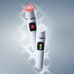Two sleek white handheld cosmetic devices with circular glowing heads and color-coded status screens, set against a blue, glowing grid background.