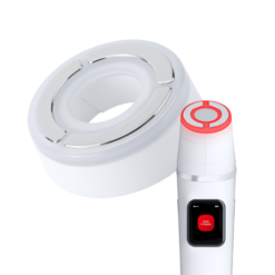 Donut-shaped white sensor with a metallic ring and a handheld wand with a red-lit ring, part of a body/fitness scanner set-up.