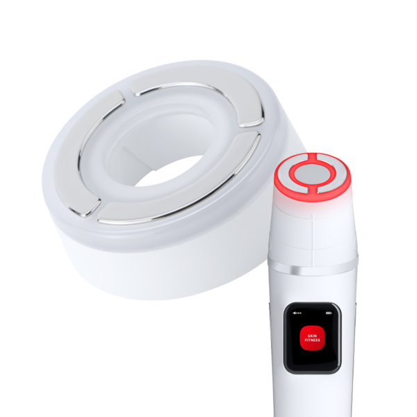 Donut-shaped white sensor with a metallic ring and a handheld wand with a red-lit ring, part of a body/fitness scanner set-up.