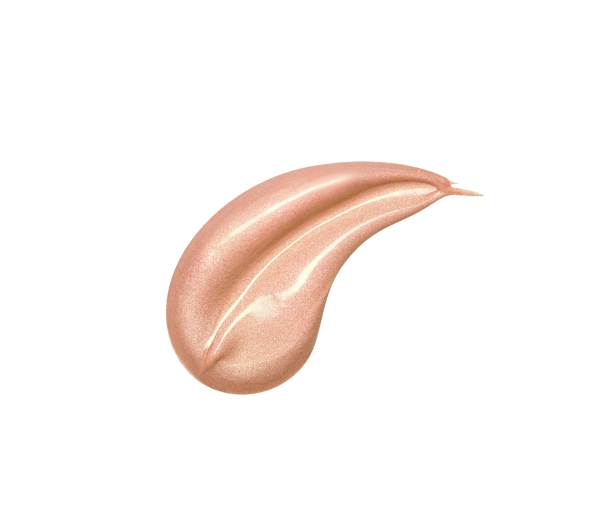 Rose-gold metallic makeup swatch curved into a swoosh on a white background