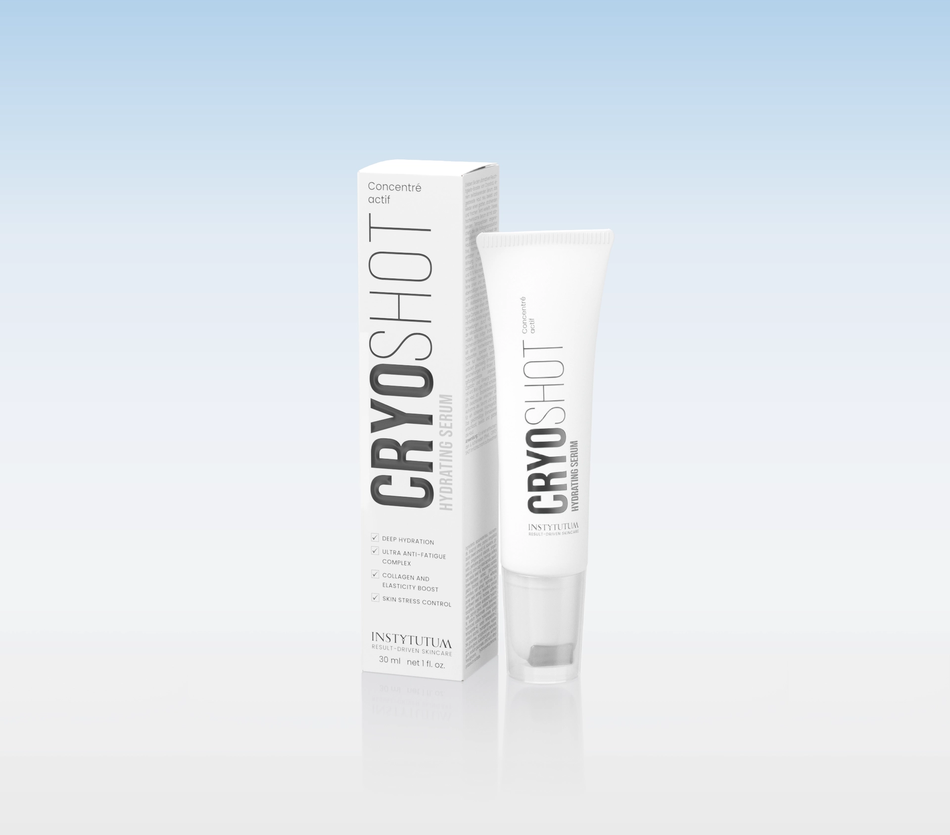 Hydrating serum box and tube displayed on a glossy surface with a pale blue gradient background.
