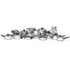 Full set of shiny stainless steel pots and pans with lids arranged in a row on a white background, ready for cooking.