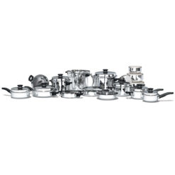Full set of shiny stainless steel pots and pans with lids arranged in a row on a white background, ready for cooking.