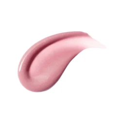 Pink pink-gloss lipstick swatch curved in a swoosh on a white background