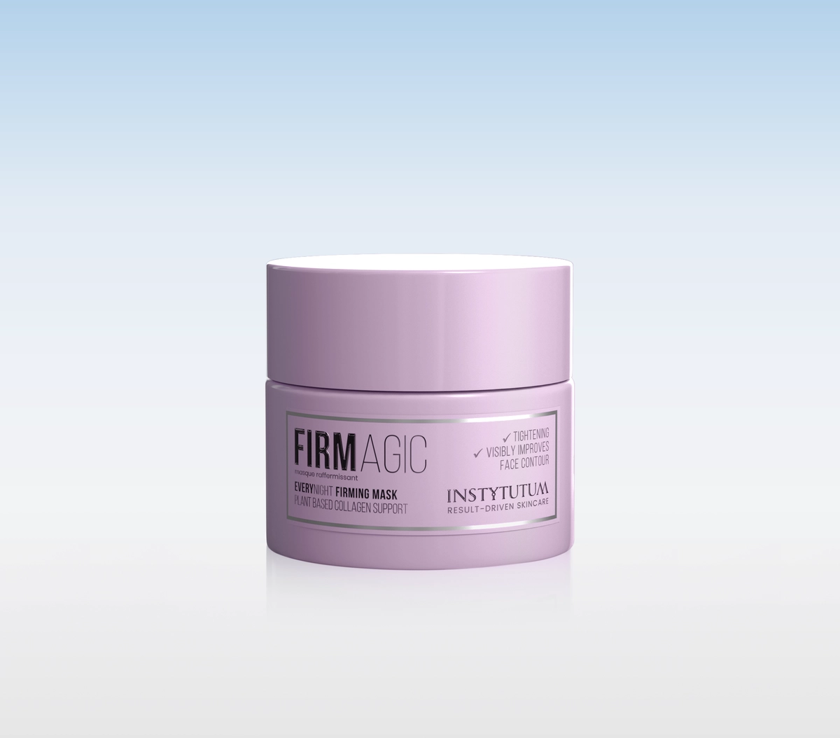 Pink cosmetic jar of 'Firm Magic' firming mask with plant-based collagen support, shown against a soft blue gradient background.