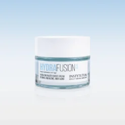 Cosmetic jar of HydraFusion hydrating cream on a light blue gradient background.