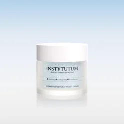 Instytutum HydraFusion Hydrating Gel Cream jar with white lid against a pale blue gradient background.