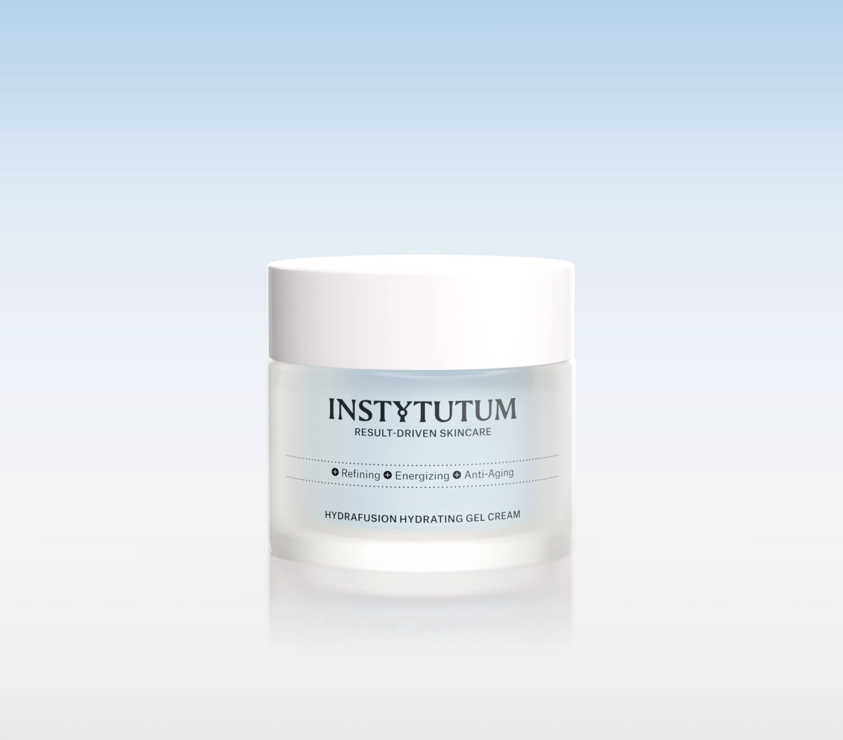 Instytutum HydraFusion Hydrating Gel Cream jar with white lid against a pale blue gradient background.
