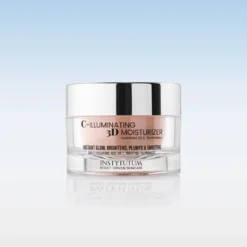 Jar of Instytutum C-Illuminating 3D Moisturizer with a reflective silver lid on a light blue gradient background, showcasing the product label