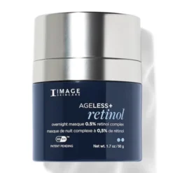 Dark blue Timage Skincare jar labeled 'AGELESS+ retinol' with a silver cap and white text on the front, 1.7 oz/50 g container