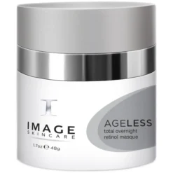 Jar of IMAGE Skincare Ageless Total Overnight Retinol Masque with silver lid and white label describing product name and usage.