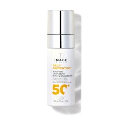 White bottle of IMAGE Skincare Daily Prevention mineral moisturizer with SPF 50+ (high protection) and silver pump cap.
