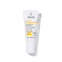 Narrow white lip balm tube labeled 'Daily Prevention' with SPF 30 on the front, standing upright and casting a soft shadow.