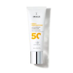Tube of Image Skincare Daily Prevention SPF 50 sunscreen with orange '50' text and silver cap, photographed against white background.
