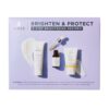 Purple box labeled 'Brighten & Protect' with three skincare products (tubes and a dropper bottle) for a 3-step regimen.