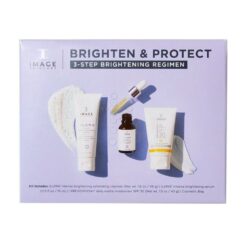 Purple box labeled 'Brighten & Protect' with three skincare products (tubes and a dropper bottle) for a 3-step regimen.