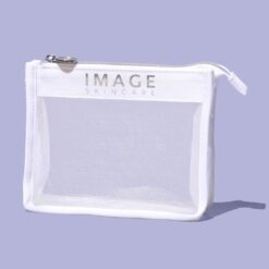 White cosmetic bag with a silver zipper and clear mesh panel, branded IMACE Skincare, on a lavender background.