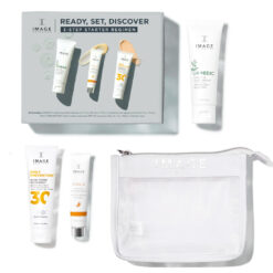 Image Skincare 3-step starter regimen kit with three tubes on a gray box and a white zip pouch nearby.