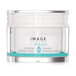 Clear jar of Image Skincare I Mask purifying probiotic mask, with teal band and silver lid